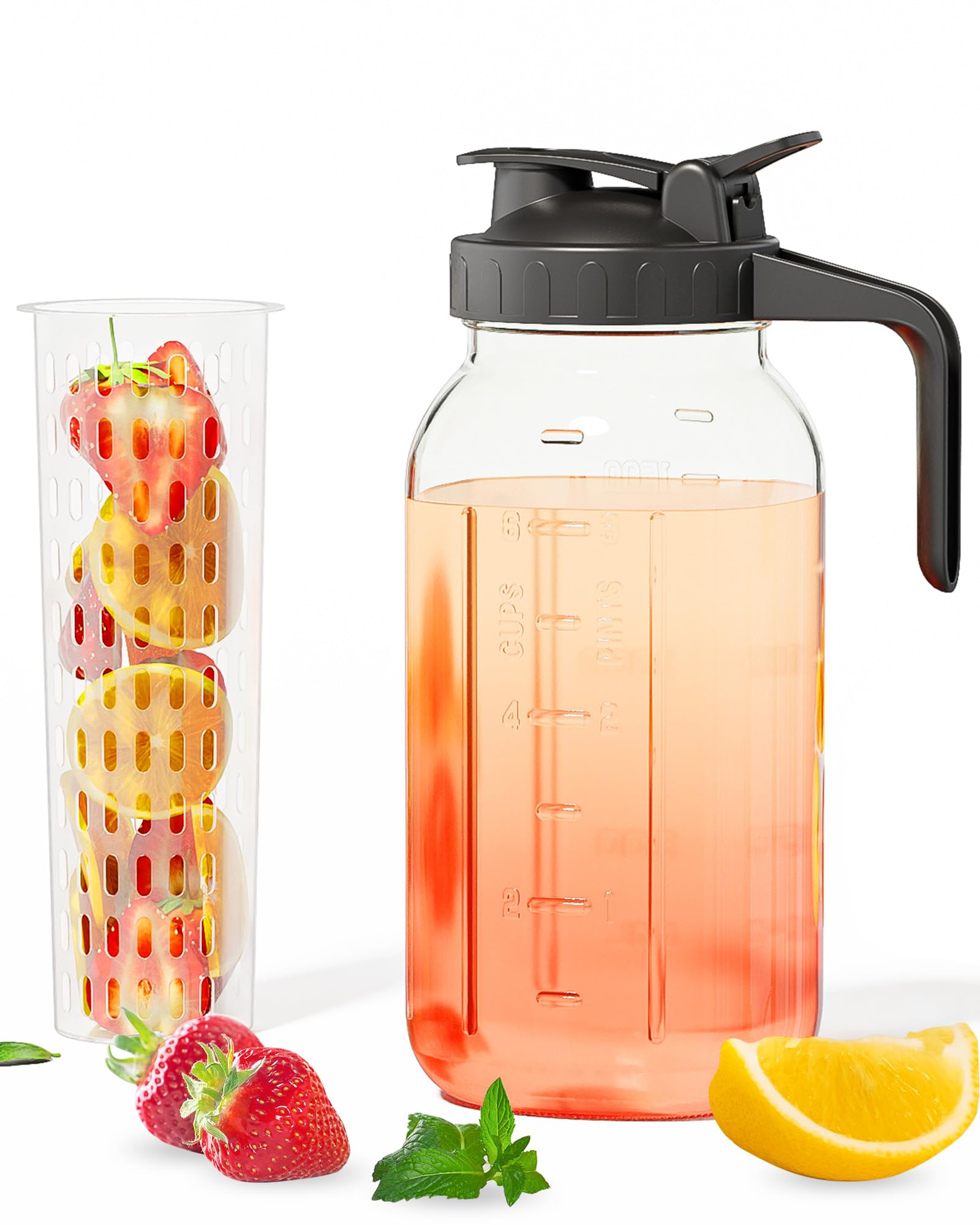VA1KENE 2 Quart (64 oz) Glass Pitcher with Fruit Infuser, Wide Mouth Glass Mason Jar with Airtight Flip Top Lid, Leakproof Fridge Door Water Jug for Iced Sun Tea, Juice Making - Black