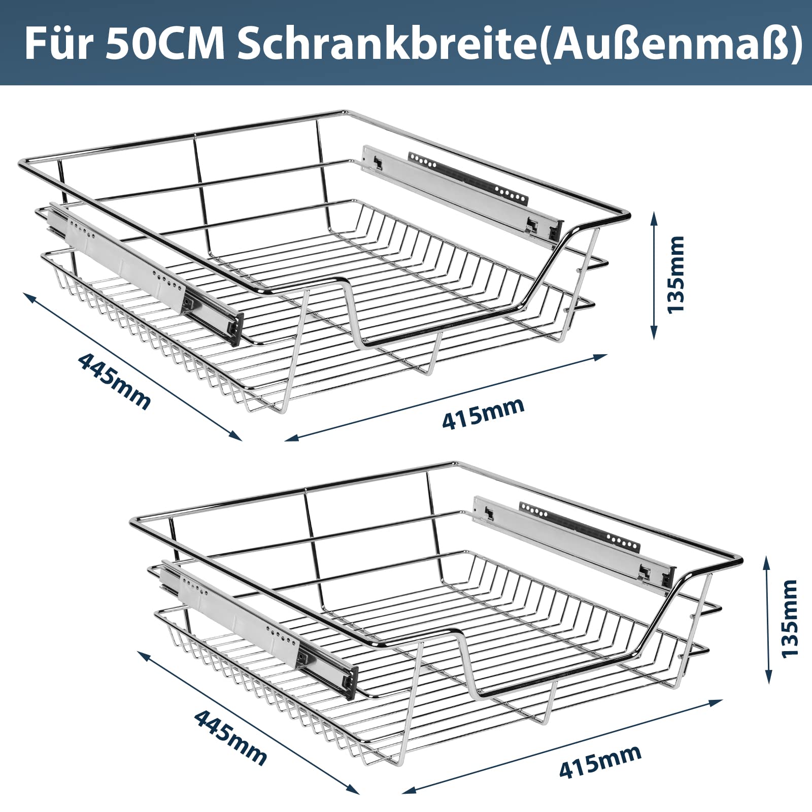 Daromigo 2x Küchenschublade 50cm Schrankbreite Teleskopschublade Korbauszug Schrankauszug Verchromt 25kg Belastbar