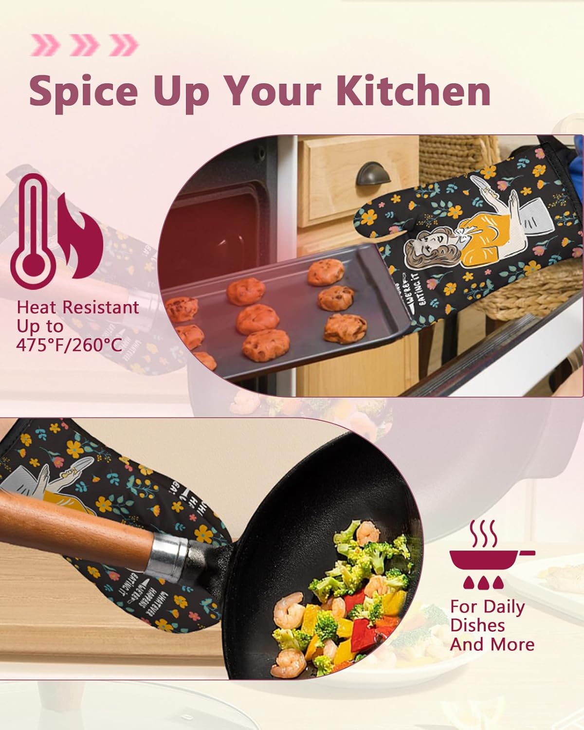 Swooflia Funny Oven Mitts Heat Resistant for Women - Cute Novelty Cool Long Heavy Duty Kitchen Cooking Baking Mittens Gloves Accessories 100% Cotton Thick Black