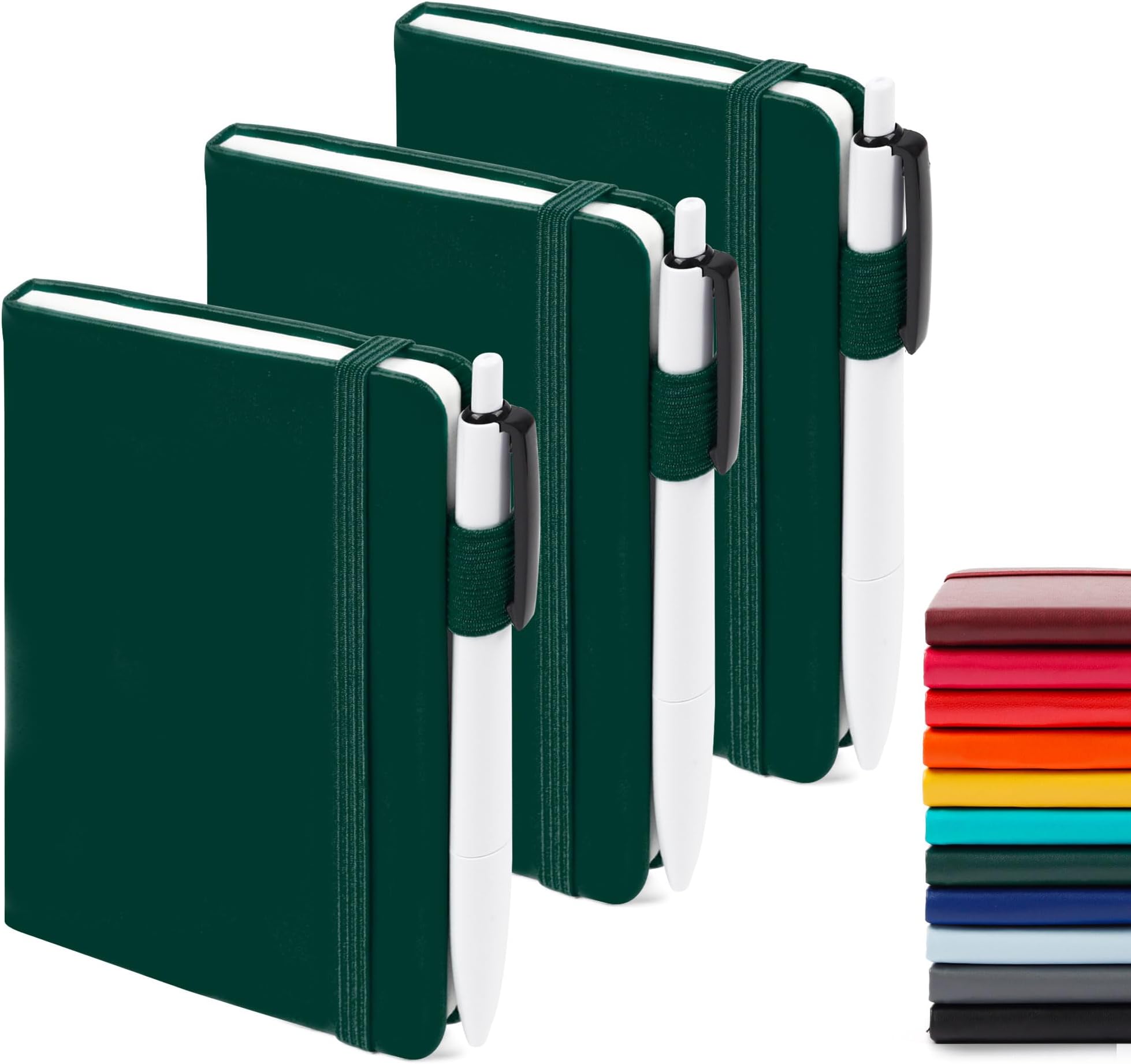 feela 3 Pack Pocket Notebook Journals with 3 Black Pens, A6 Mini Cute Small Journal Notebook Bulk Hardcover College Ruled Notepad with Pen Holder for Office School Supplies, 3.5”x 5.5”, Dark Green