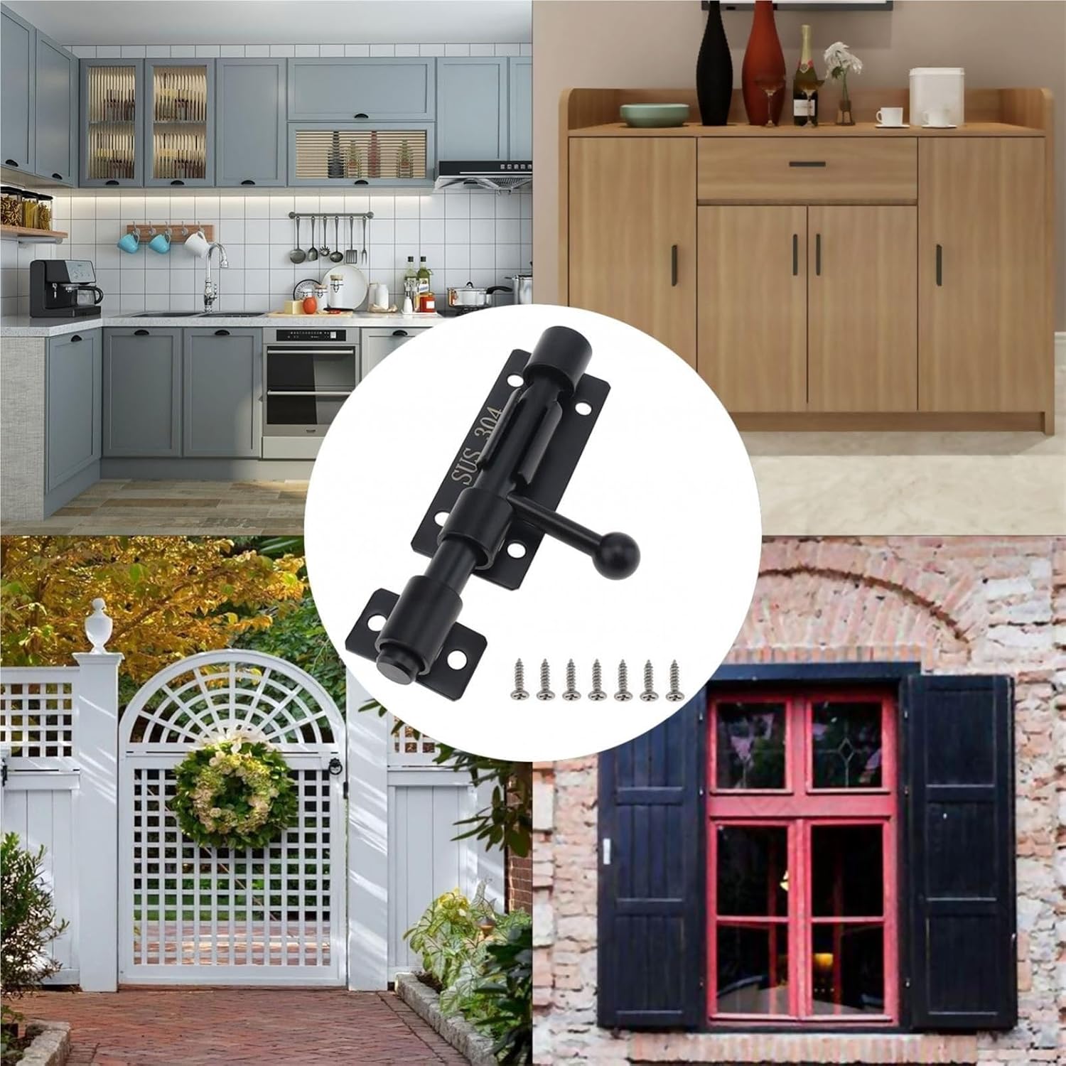 Sliding bolt door latch, Door Lock Barrel Bolt 4 inch Black 304 Stainless Steel