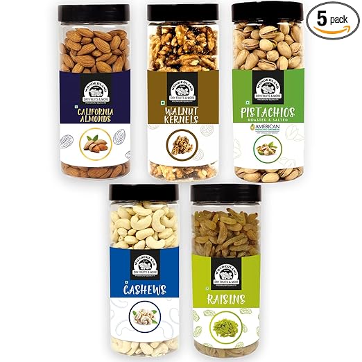 Wonderland Foods - Dry Fruits Combo Almonds NP 500g, Cashews W320 500g, American Pistachios 500g, Long Green Raisins 500g, Walnut Kernels 350g - 2350g (Jar)
