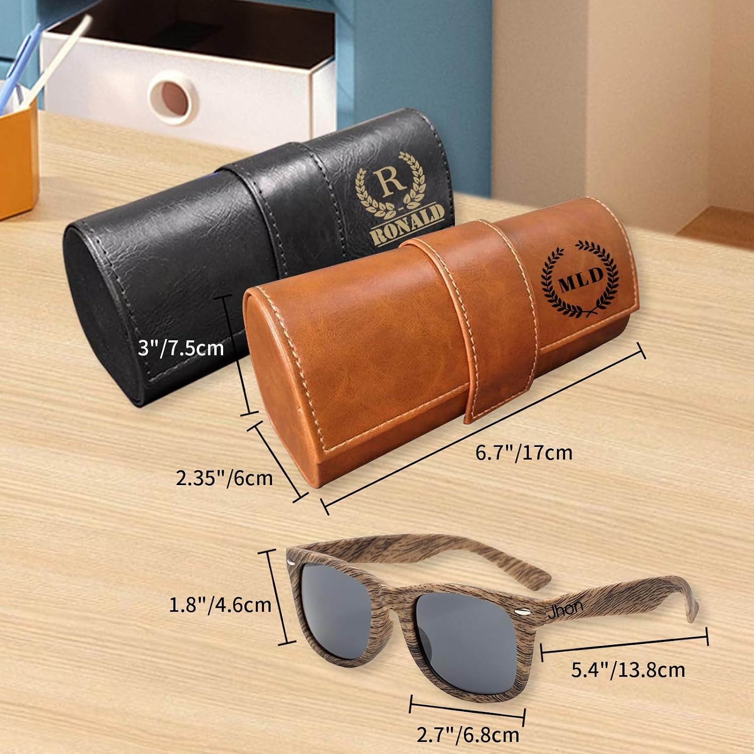 Personalized Wood Grain Sunglasses with Leather Box, Custom Name Sunglasses, PU leather Glasses Storage Box, Unisex Sunglasses, Handmade Best Man Gifts, Birthday gifts, Dad gifts, Grandpa gifts image 2