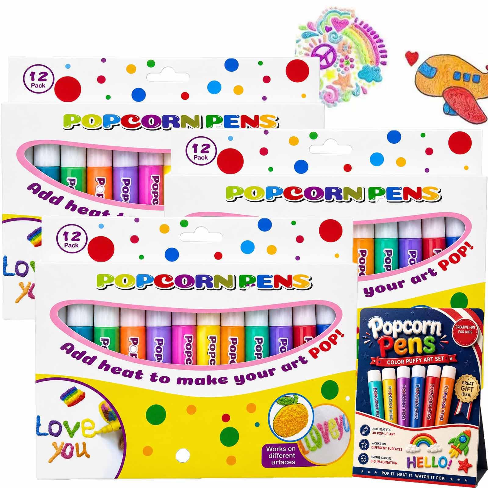 FYKTIK Magic Popcorn Pens for Kids, DIY 3D Bubble Popcorn Drawing Pens 3D Art Pen, Magic Colourful Puffy Pens Greeting Birthday, Puffy Embellish Decorate Graffiti Stationery, 3PCS