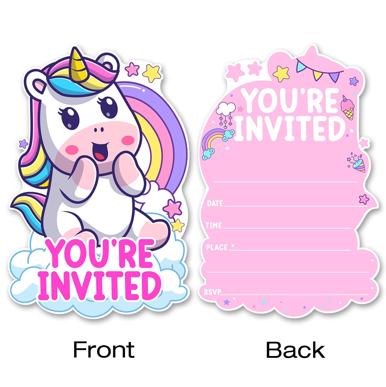 QYCFDXD Cute Unicorn Party Invitations with Envelopes, 20 Set Unicorn Three Shaped Invitations Birthday Kids Party Invites Supplies Favors, Double-Sided