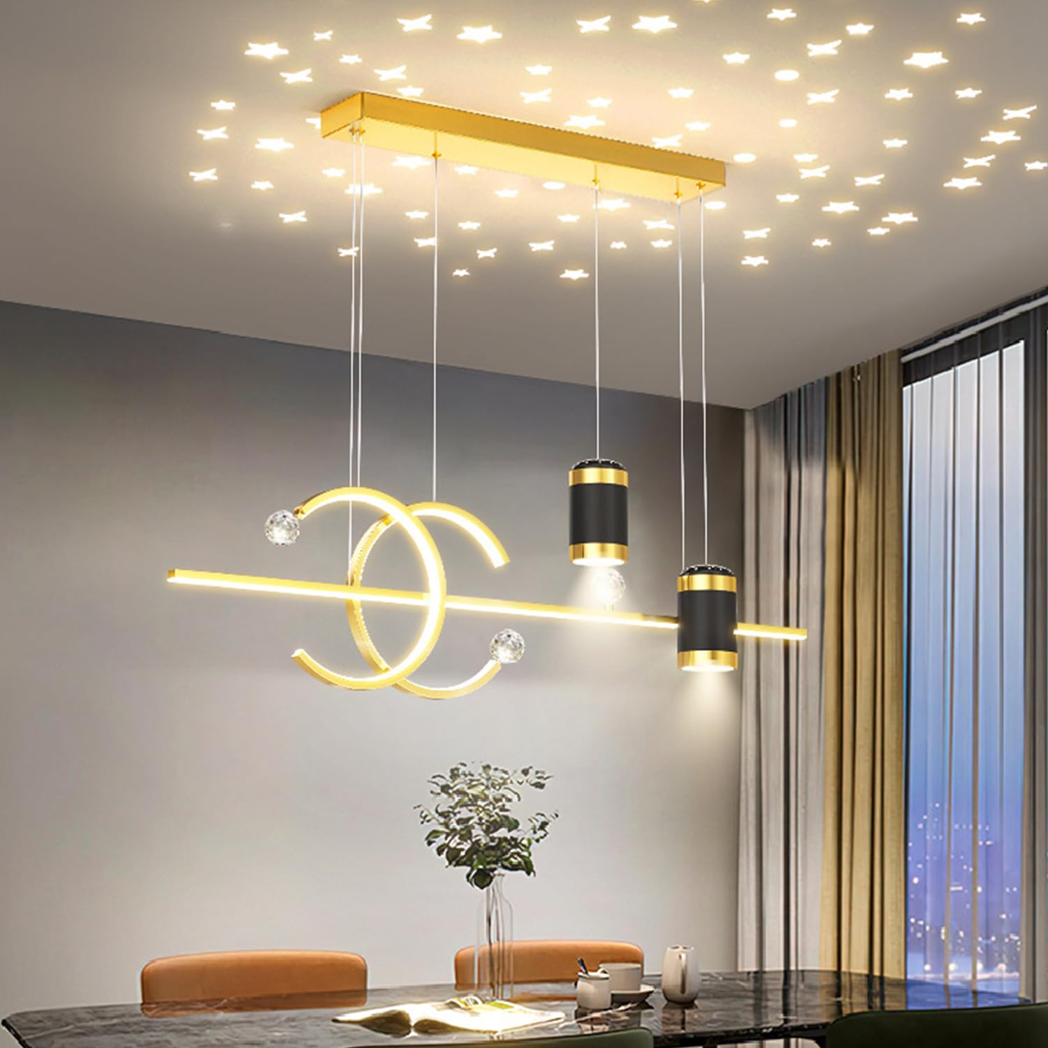 Aleaty LED - Dimmable Dining Table Pendant Lamp Modern Starry Sky Chandelier Minimal Design Living Room Pendant Lamp with Remote Control Ceiling Light for Dining Room Living Room (Gold)