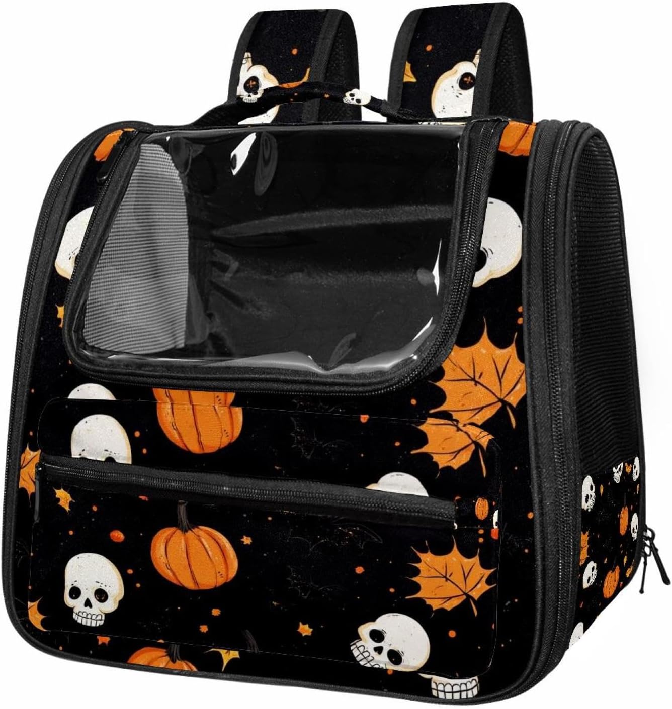 Portable Travel pet Backpack Carrier Hamster Bag Small Dog cat Carrier Breathable Hang Bag, Halloween Skulls Pumpkins Bats