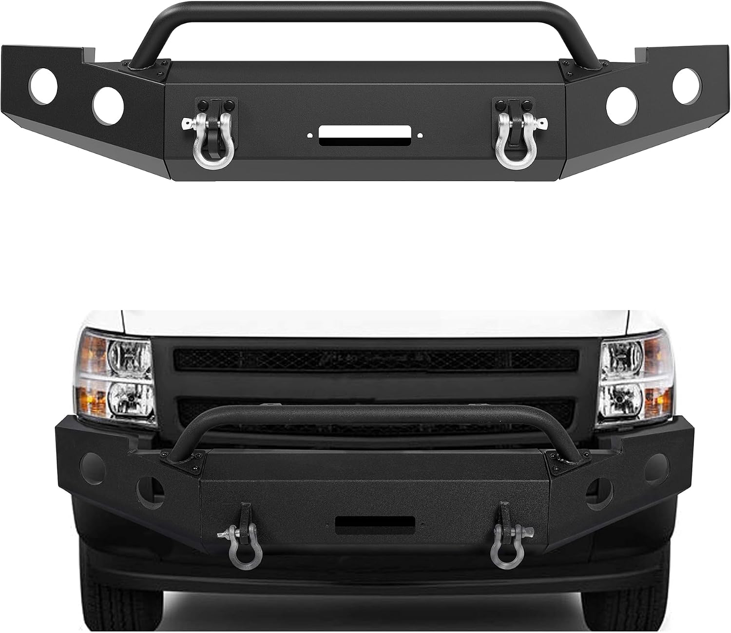 ECOTRIC Heavy-Duty Front Bumper for 2007-2013 Chevy Silverado 1500 w/ Push Bar - Powder Coated Steel, Winch Ready