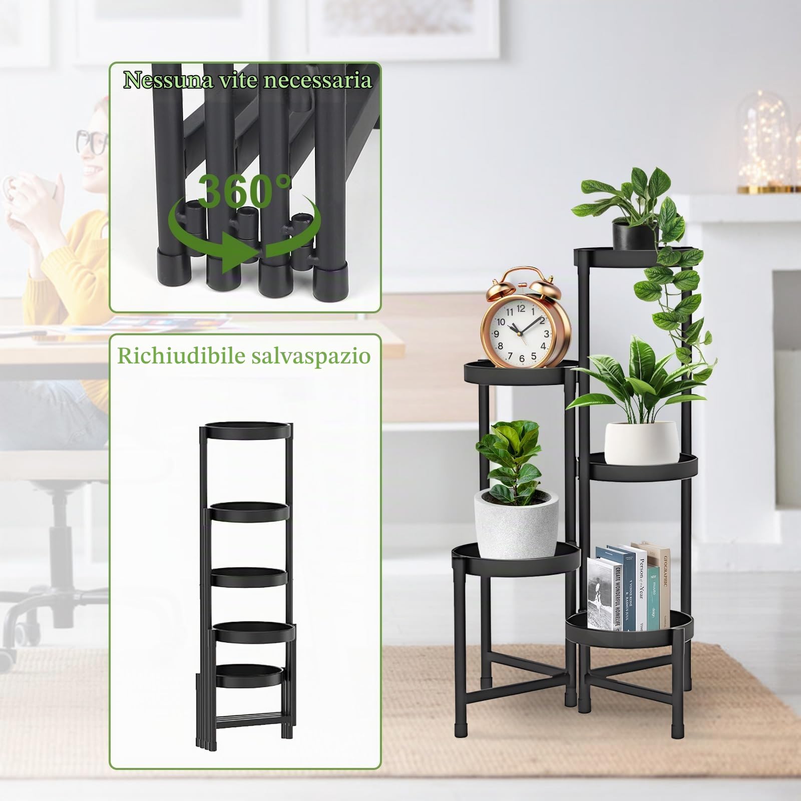 lalago Scaffale Portavasi, 5 Ripiani Ø25cm Mobile Portafiori Metallo, Tavolino per Vasi, Fioriera Interno con 5 Mensole Porta Piante, per Balcone, Giardino, Soggiorno, Camera da letto, Sala studio