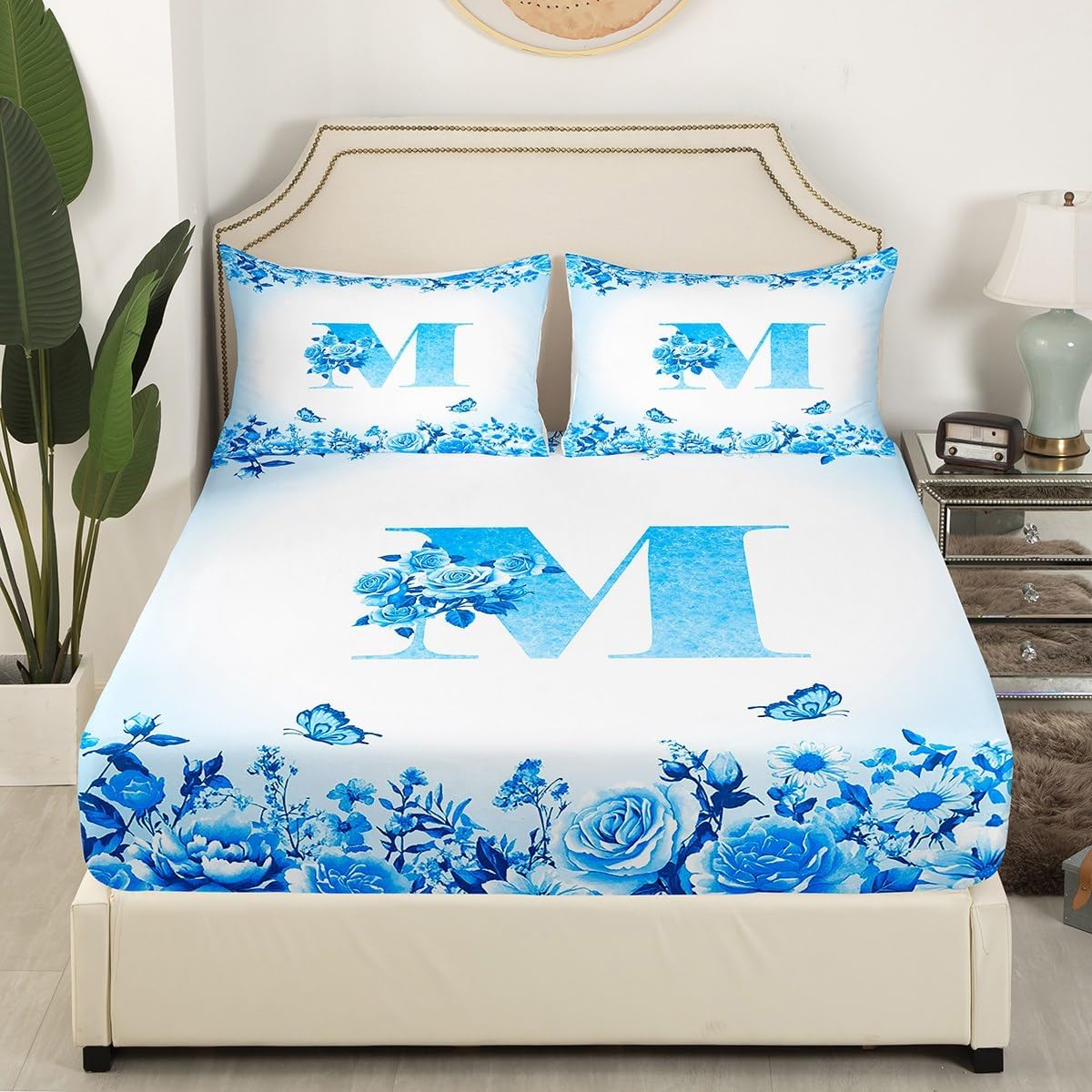 jejeloiu Blue Letter Flowers Bed Sheets Set Twin Size for Kids Teens Girls Woman Personalized Initial M Fitted Sheet Monogrammed Bedding Set Floral Rose Butterfly Bed Cover Room Decor Modern Fashion