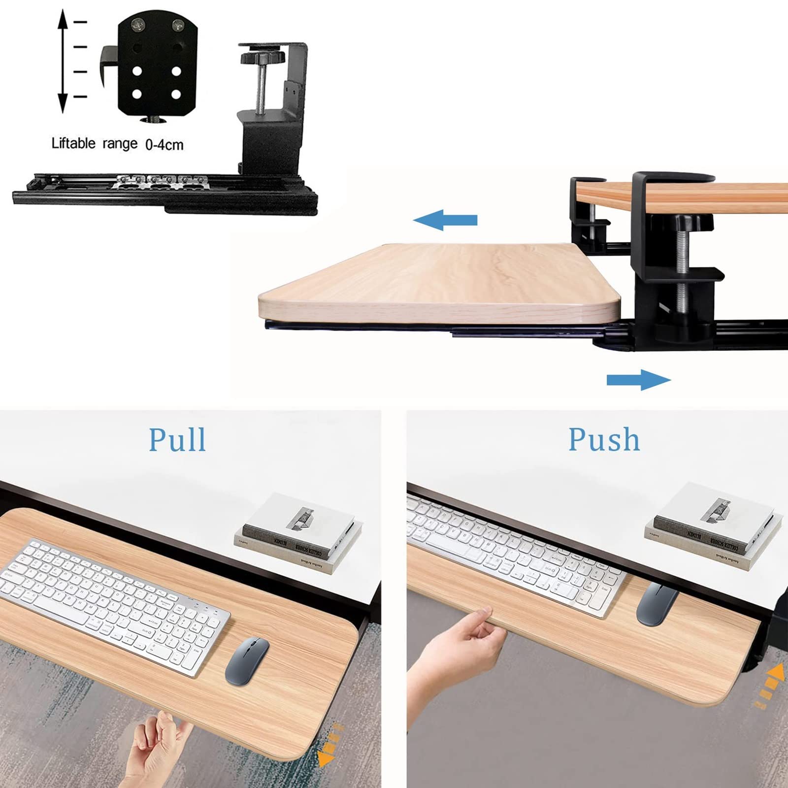 Ergonomiczna drewniana taca na klawiaturę Push-Pull z łożyskami kulkowymi 36 cm przedłużeniem pod biurkiem dla lepszego komfortu przestrzeni roboczej, idealna do użycia z klawiaturą i myszką