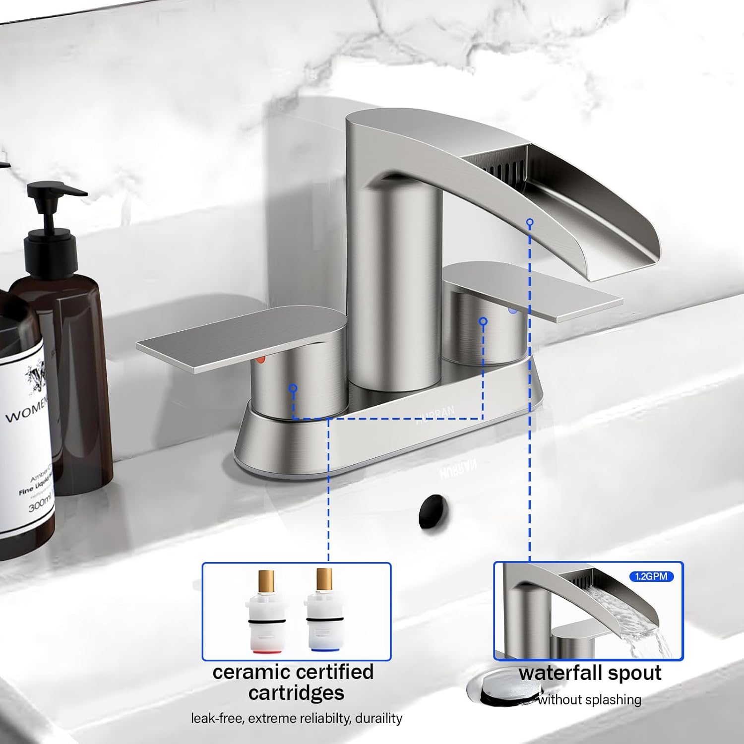 Bathroom Sink Faucet for 3 Hole, Hurran 4 Inch Bathroom Faucets with Pop-up Drain, Stainless Steel 2-Handle Waterfall Faucet for Sink, Brushed Nickel - Image 3