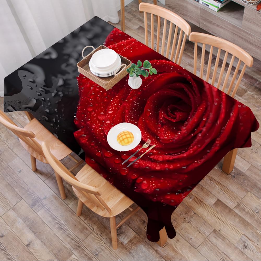 Dalexhm Beautiful Red Rose With Water Droplets Over - A10 Table Cloth Wipe Clean Rectangular, Wipeable Tablecloths,Dining Table Cover For Kitchen Outdoor Garden Table,Beautiful Red Rose With Water Droplets Over Black Background,54X72 In