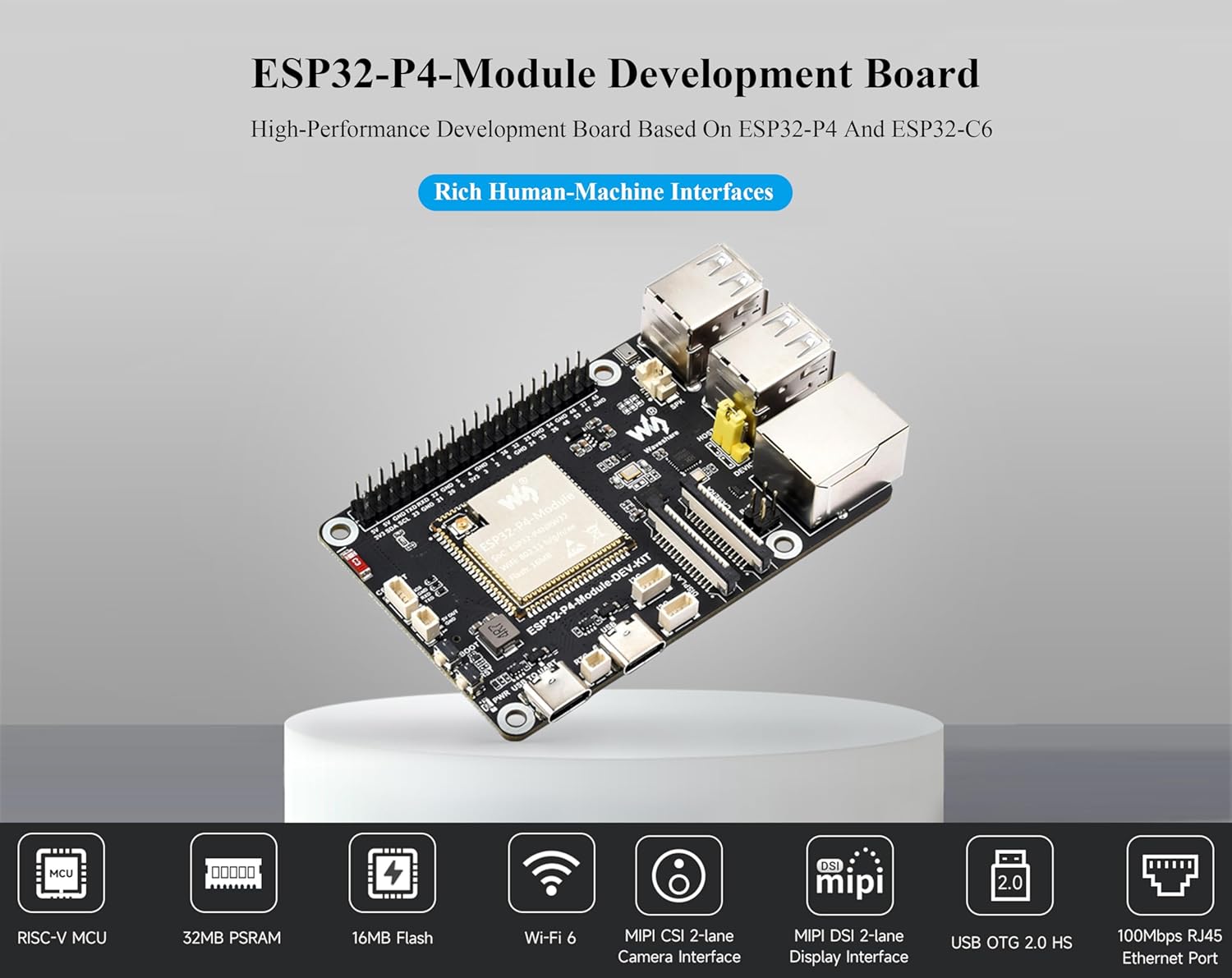 Diagram highlighting key features of the ESP32-P4-Module Development Board including RISC-V MCU, 32MB PSRAM, 16MB Flash, Wi-Fi 6, MIPI CSI, MIPI DSI, USB OTG 2.0 HS, and 100Mbps RJ45 Ethernet Port.
