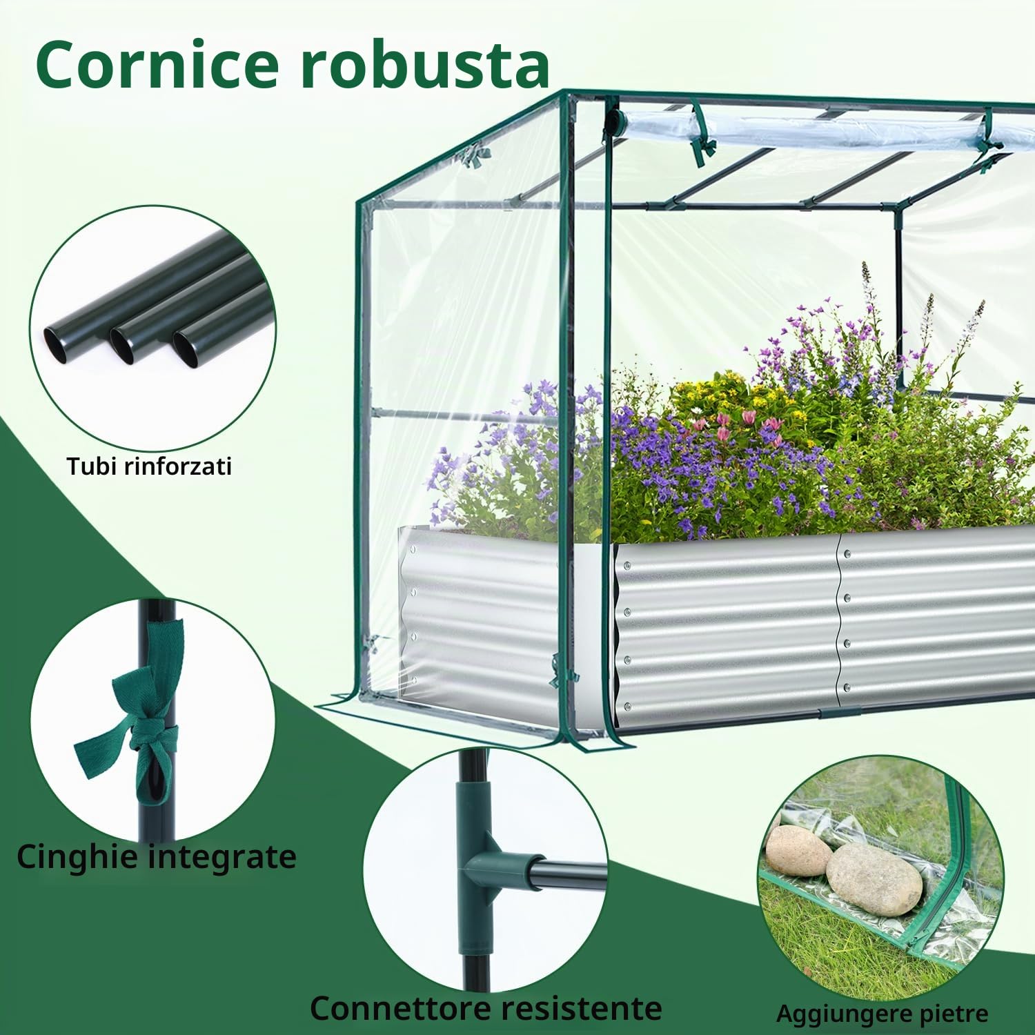 Ohuhu Aiuola rialzata 3 in 1 in metallo con serra e pellicola in PVC, fioriera rialzata con pomodoro, aiuola con struttura in acciaio, per giardino, 120 x 60 x 30 cm