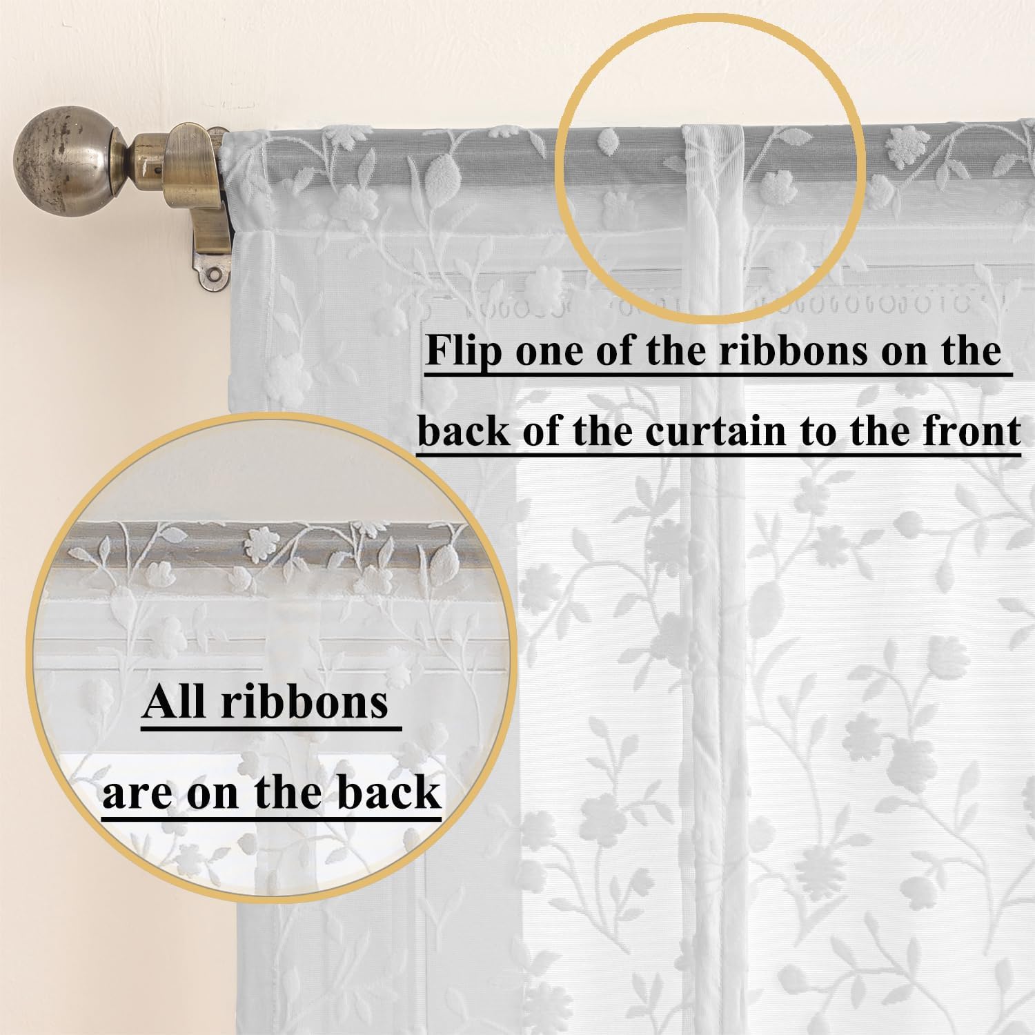 Tie Up Curtain for Kitchen Window Floral Sheer Lace Balloon Curtains for Girls Bedroom Leaf Liftable Roman Curtains White 46 x 63 Inch