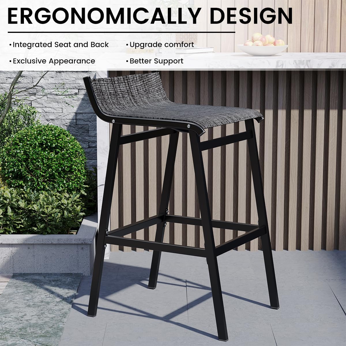 Sundale Outdoor Patio Metal Bar Stools Set of 6, Low Back Modern Counter Height Tall Chair Armless, High Top Outside Barstools, All-Weather Patio Stools for Porch Yard Deck Balcony, Variegated Gray