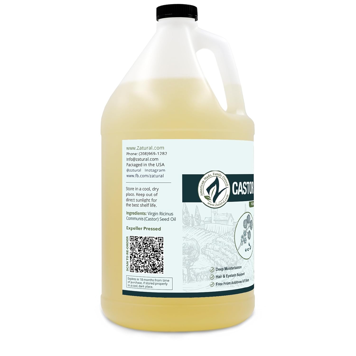 Zatural Castor Oil Naturally Grown 100% Pure Cold Pressed Castor Oil Hexane Free Hair Growth Eylash Serum and Eybrows or Body Wraps and Detox (1 Gallon)