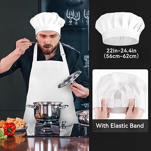 Miniatura 4 de NLUS Sombrero de chef blanco y delantal, juego de disfraz de chef ajustable, delantal de cocina para hornear con 2 bolsillos para hombres y mujeres,