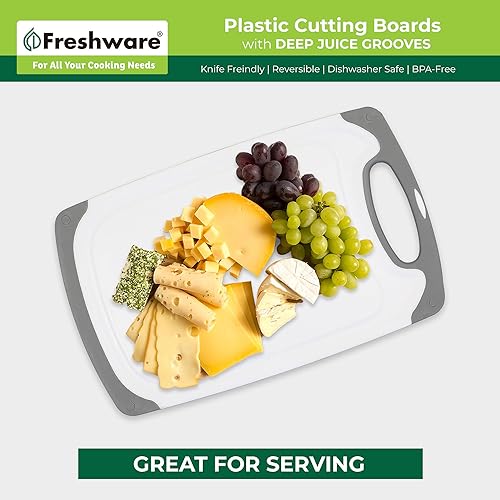 Miniatura 9 de Freshware Tablas de cortar para cocina, paquete de 3 tablas de cortar con diferentes tamaños, ranuras para jugos y asas antideslizantes, reversible