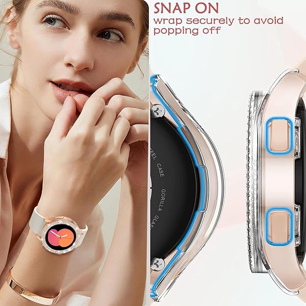 DEALELE [2-PACK] Case Compatible with Samsung Galaxy Watch FE / 5/4 40mm, Bling Double-row Diamond PC Protective Case Protector Cover, 40mm, Rose gold + Transparent - 5