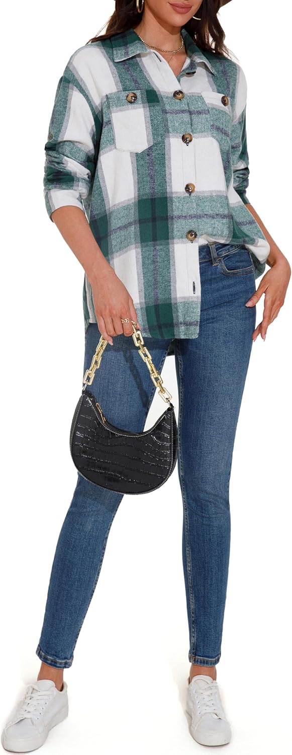 GUANYY Womens Flannel Shirts Button Down Plaid Shacket Long Sleeve Collared Business Casual Work Tops - Image 7