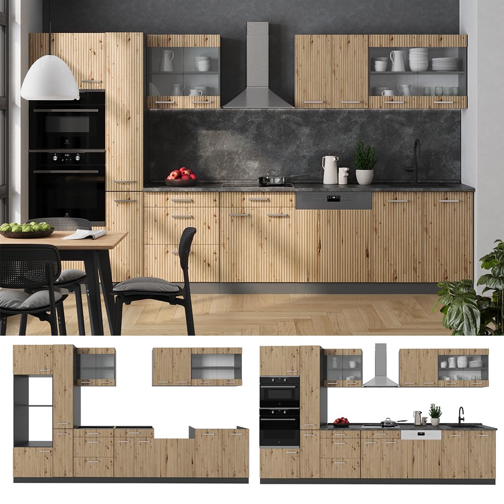 Vicco Cuisine R-Line, Chêne Artisan/Anthracite, 350cm avec Armoire Haute, PT Anthracite, adapté à Une Extension Flexible avec des modules supplémentaires