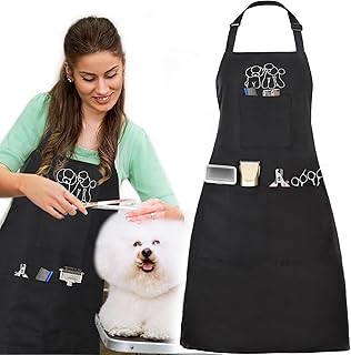 Noverlife Dog Grooming Apron with 4 Pockets, Hair Resistant Grooming Apron for Dog Groomers 34 Inch Long Pet Bath Pinafore, Multi Function Pet Pinafore with Adjustable Strap for Puppy Cat Shop