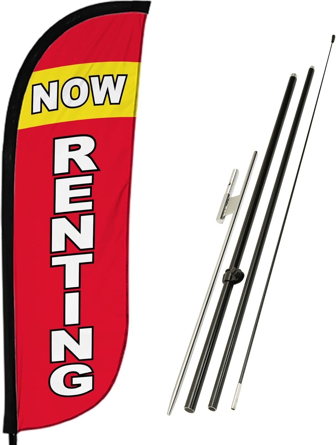 LookOurWay Feather Flag Pole Kit - 7 Feet Tall Advertising Banner with Fiberglass Pole Set and Ground Spike for Business Promotion - Real Estate Flags - Now Renting