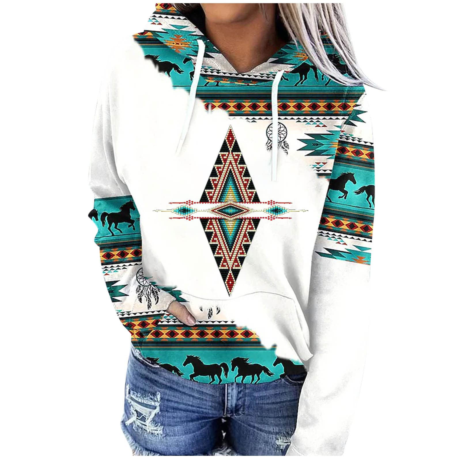 CeboyelWomen Western Aztec Hoodies Long Sleeve Pullover Sweatshirts Graphic Vintage Shirts Tops Cowgirl Wear Clothes 2023