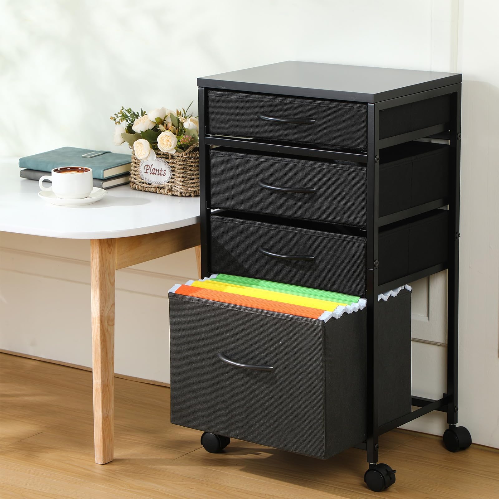 Chunful 4 Drawer Rolling File Cabinet Mobile Printer Stand Metal Cart with Fabric Vertical Filing Chest Wheels A4 Letter Size Under Desk Utility Craft Storage Organizer for Home Office School(Black)