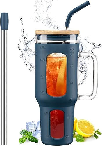 Miniatura 1 de Vaso de vidrio con tapa y pajilla, taza para café helado de 46 oz con asa, botellas de agua grandes con funda de silicona, taza de vidrio con