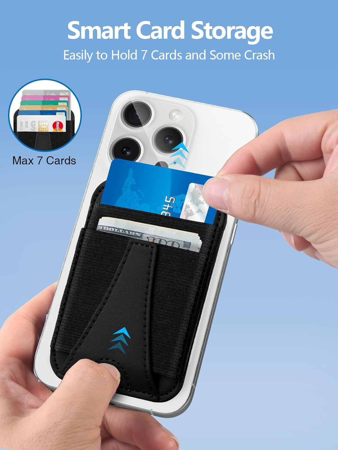 Hand inserting a credit card into the Miroddi Magnetic Wallet, highlighting the card storage capacity.