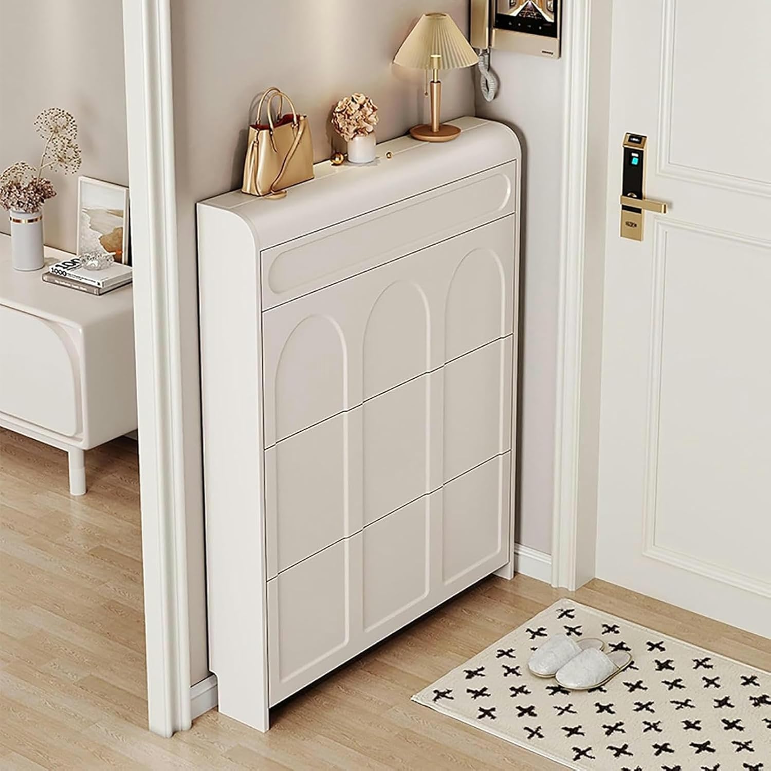 Shoe Changing Stool Rack Bench Type Cabinet Trying Stool and Wearing Stool Organizer Shoes with Cushion，Slim Modern Hidden Shoe Cabinet with Doors - Freestanding Shoe Rack Storage Organizer