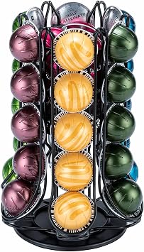 حامل كبسولات قهوة FlagShip لـ Nespresso Pod Carousel لتخزين كبسولات Vertuo مع سلة إضافية 360 Silent Rolling 30+ Pods وسعة صندوق واحد