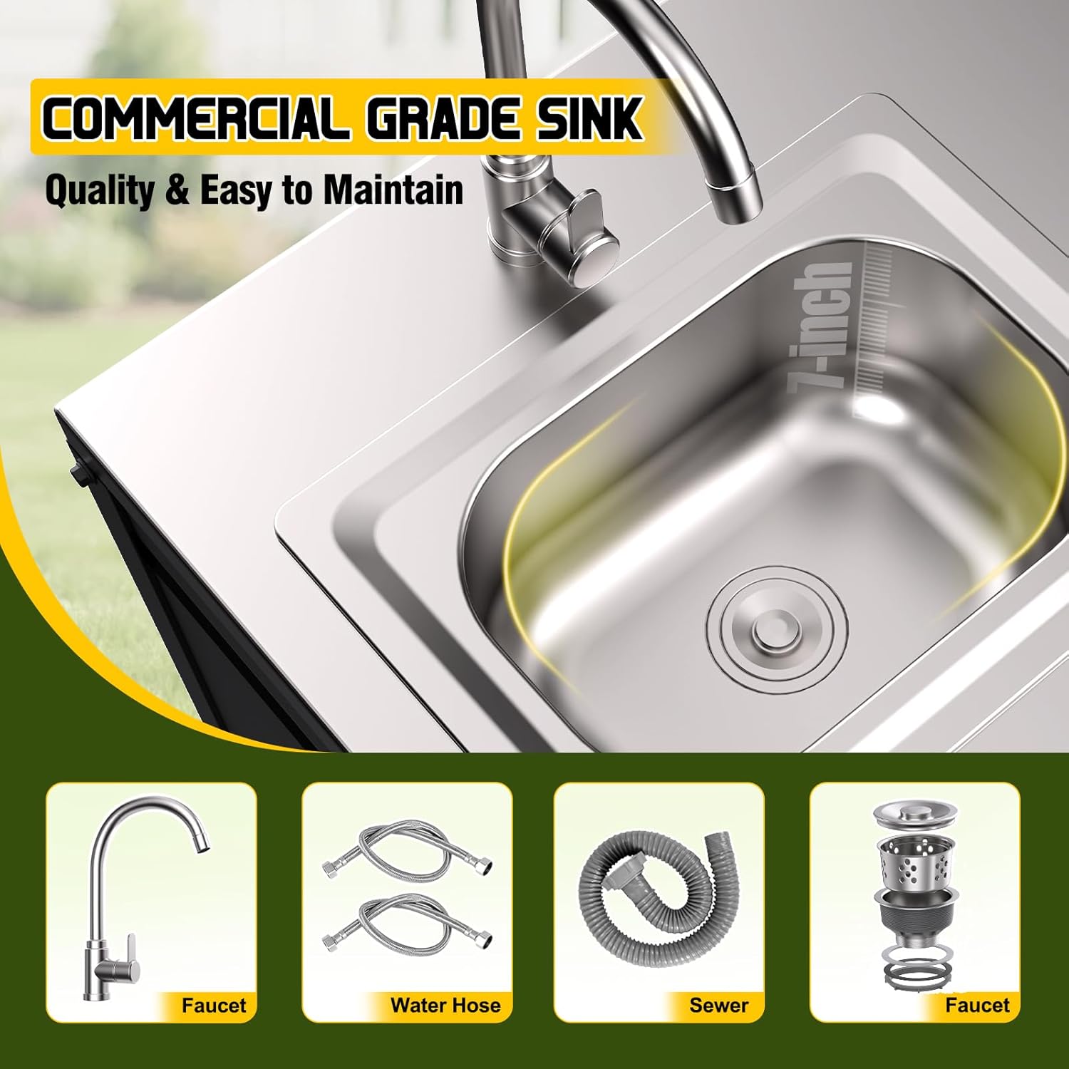 Outdoor Kitchen Island with Sink,37''H Stainless Steel Utility Sink,47''W Heavy Duty Pizza Oven Table,Metal BBQ & Grill Stand,Outdoor Cooking Prep Table Freestanding Laundry Sink for Backyard