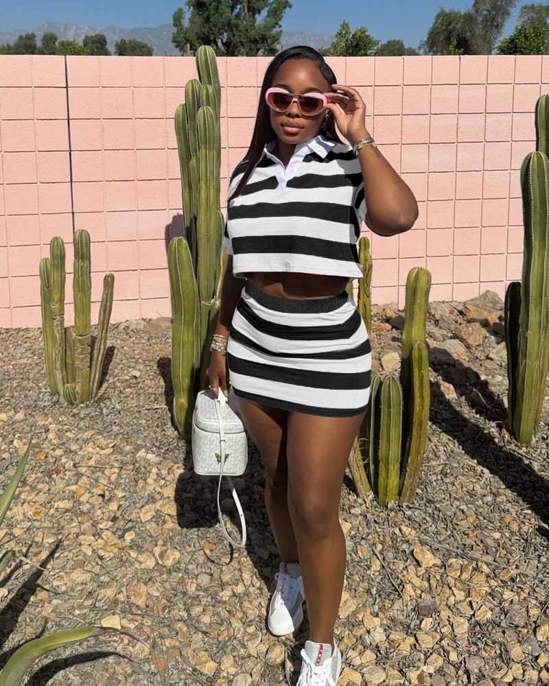 HBQ Women's Casual 2 Piece Skirt Sets Polo Collar Crop Top Striped Mini Dress Summer Vacation-Stripe - Image 2