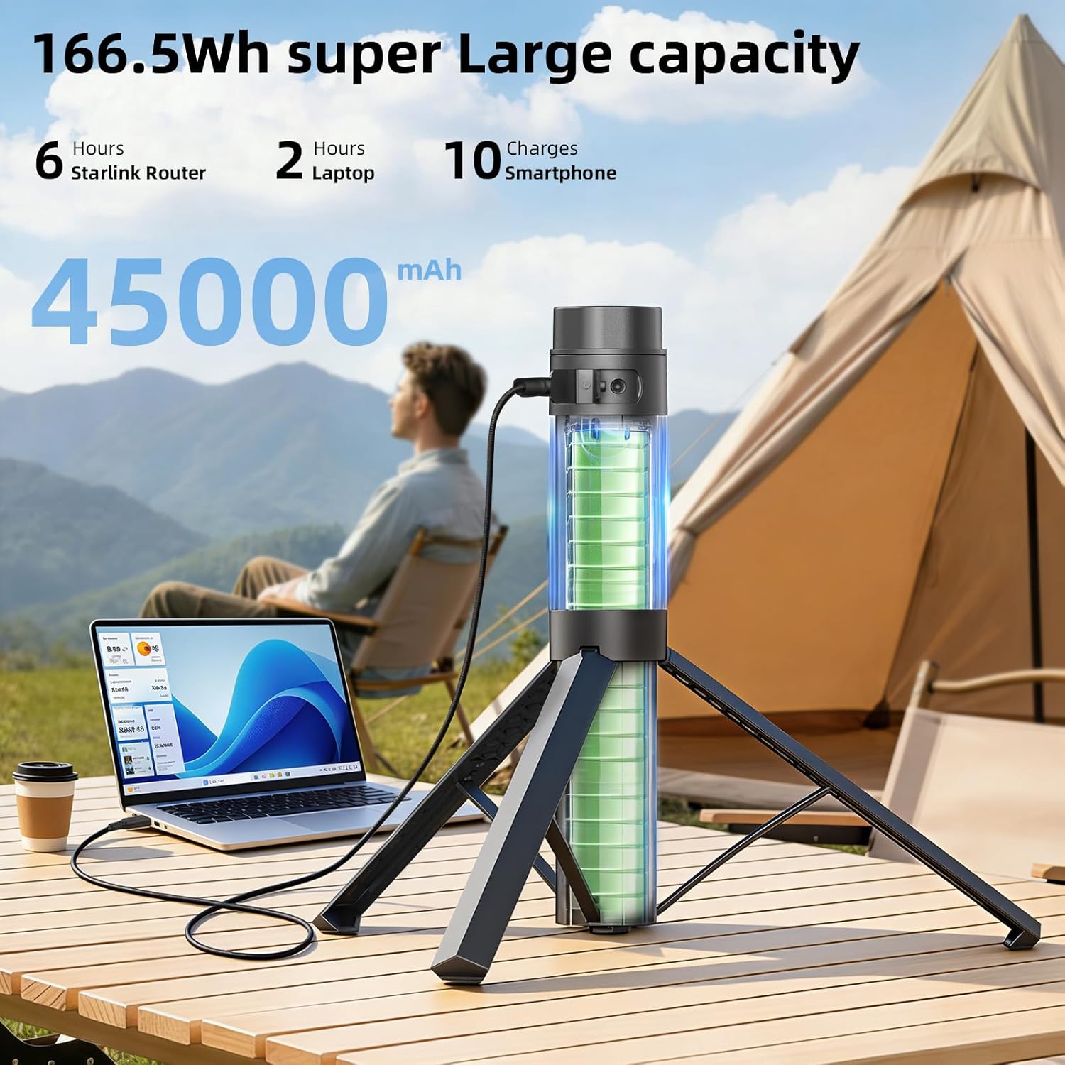 Starlink Mini Battery Pack, 6-Hour Runtime, 166Wh/45000mAh, Starlink Mini Power Stand with Integrated Tripod, Built-in Type-C Fast Charging for Outdoor & Remote Work, IP67 Waterproof