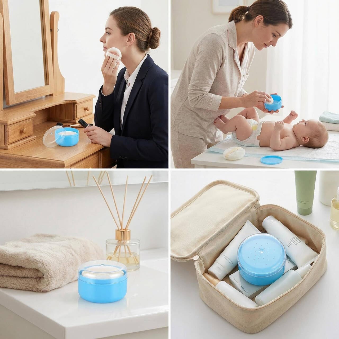 Contenitore in polvere di talco, con setaccio e soffi di polvere, colore blu, per uso domestico e da viaggio