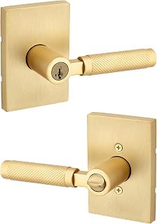 Kwikset Prava Entry Door Knurled Handle with Lock and Key, Secure Keyed Reversible Lever Exterior, for Front Entrance and Bedrooms, Satin Brass, Pick Resistant Smartkey Rekey Security