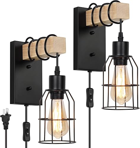 Apliques de pared, lámpara de pared con cable enchufable, juego de 2 con pantalla de jaula de metal, luces de pared de madera maciza para