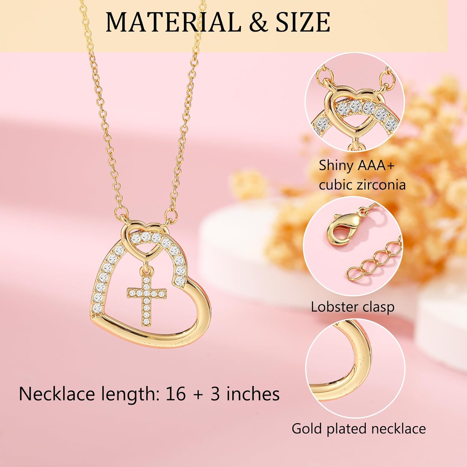 Confirmation Easter First Communion Cross Necklace for Girls Daughter Granddaughter, Christian Religious Catholic Gifts 16 + 3 Inches - Image 4