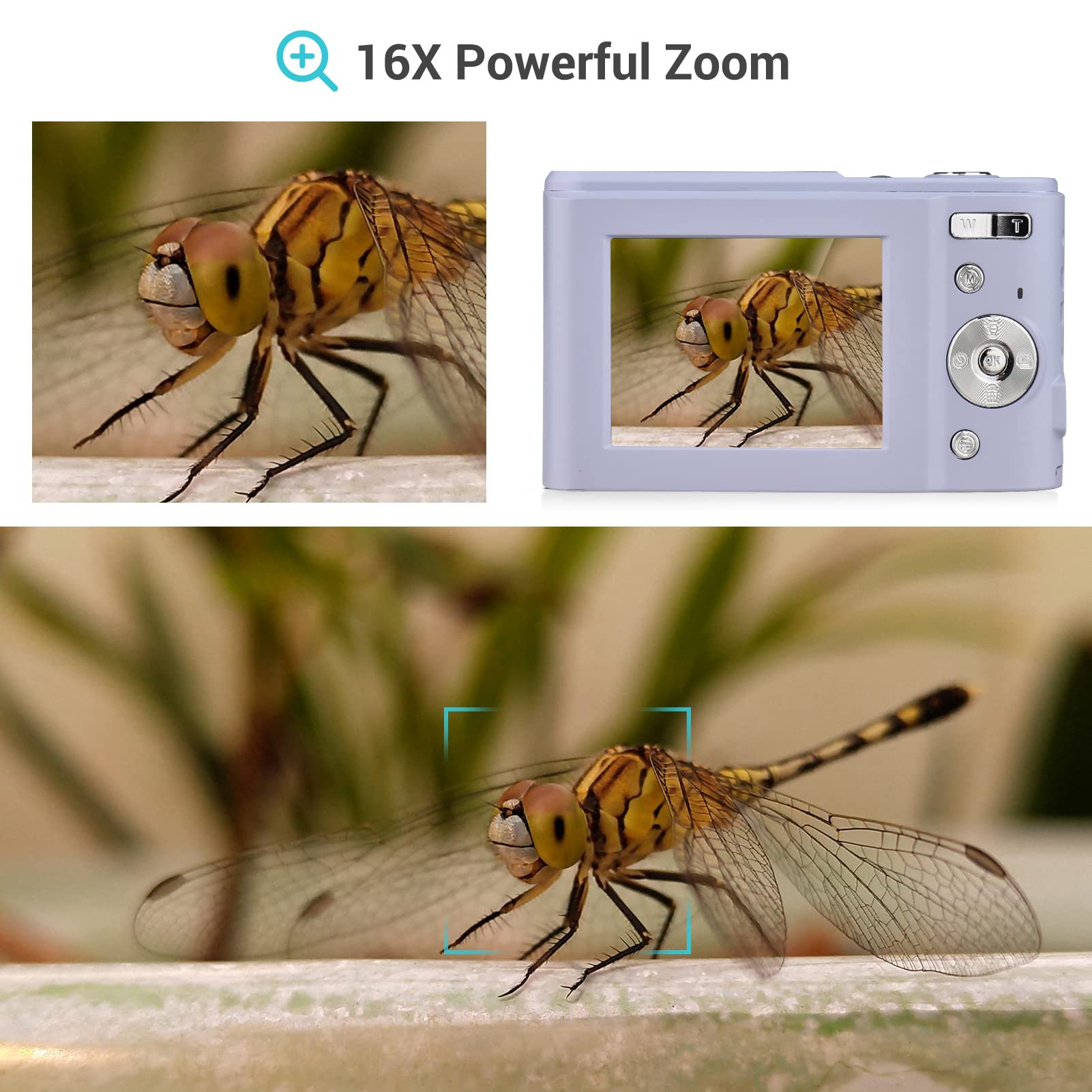 Andoer Aparat cyfrowy z autofokusem, 48 MP, 1080p, 2,4", aparat cyfrowy z 2 bateriami, pasek na rękę, torba do przenoszenia, dla dzieci, młodzieży, początkujących, studentów, fioletowy