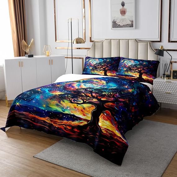 Castle Fairy Tree of Life Quilt Set for Kids Teens,Starry Galaxy Universe Bedspread,Mystery Outer Space Bed Cover Black Blue Orange Bedding Set Decorative Quilted Coverlet Set,Twin Size
