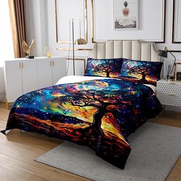 Castle Fairy Tree of Life Quilt Set for Kids Teens,Starry Galaxy Universe Bedspread,Mystery Outer Space Bed Cover Black Blue Orange Bedding Set Decorative Quilted Coverlet Set,Twin Size