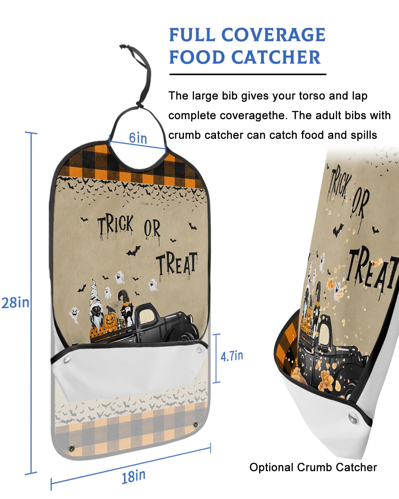 Halloween Truck Adult Bibs for Eating, Waterproof Bibs with Food Catcher & Adjustable Snap Closure, Orange Black Plaid Pumpkin Gnomes Washable Clothing Protectors Adult Bibs for Elderly Women/Men