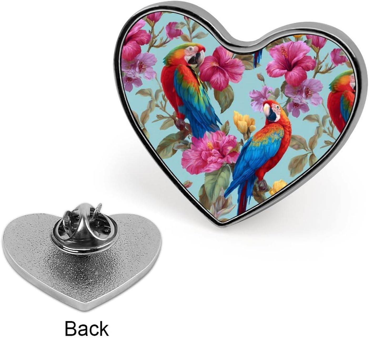 Colorful Parrots Tropical Flowers Funny Metal Badge 1″ Heart Form Brooch Pin Clothes Hat Bag Tie Accessories Decor image 3