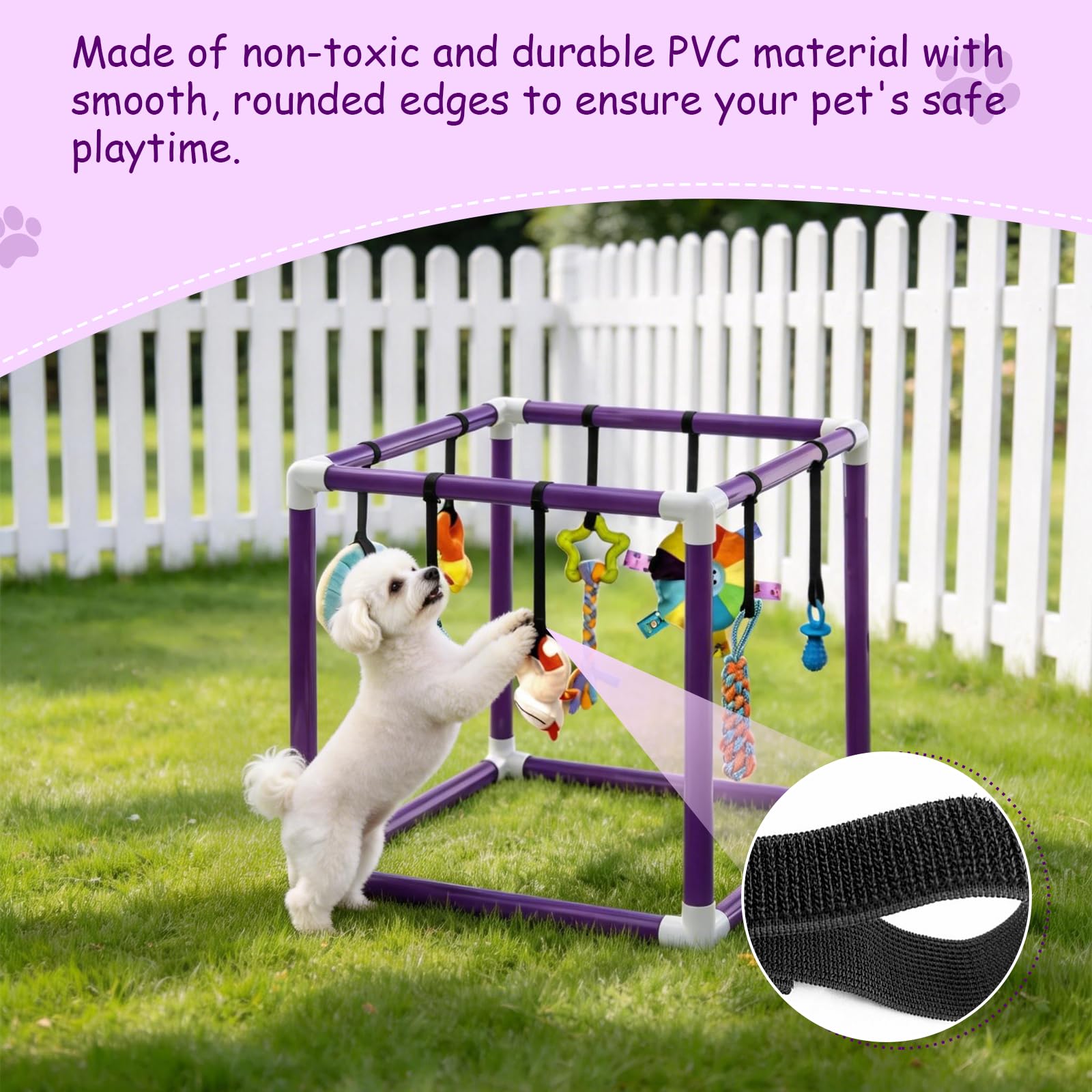 Estudio de juegos para cachorros con 8 juguetes colgantes, marco de PVC morado, centro de actividades para perros pequeños, estudio de juegos para cachorros para perros pequeños, paraíso con