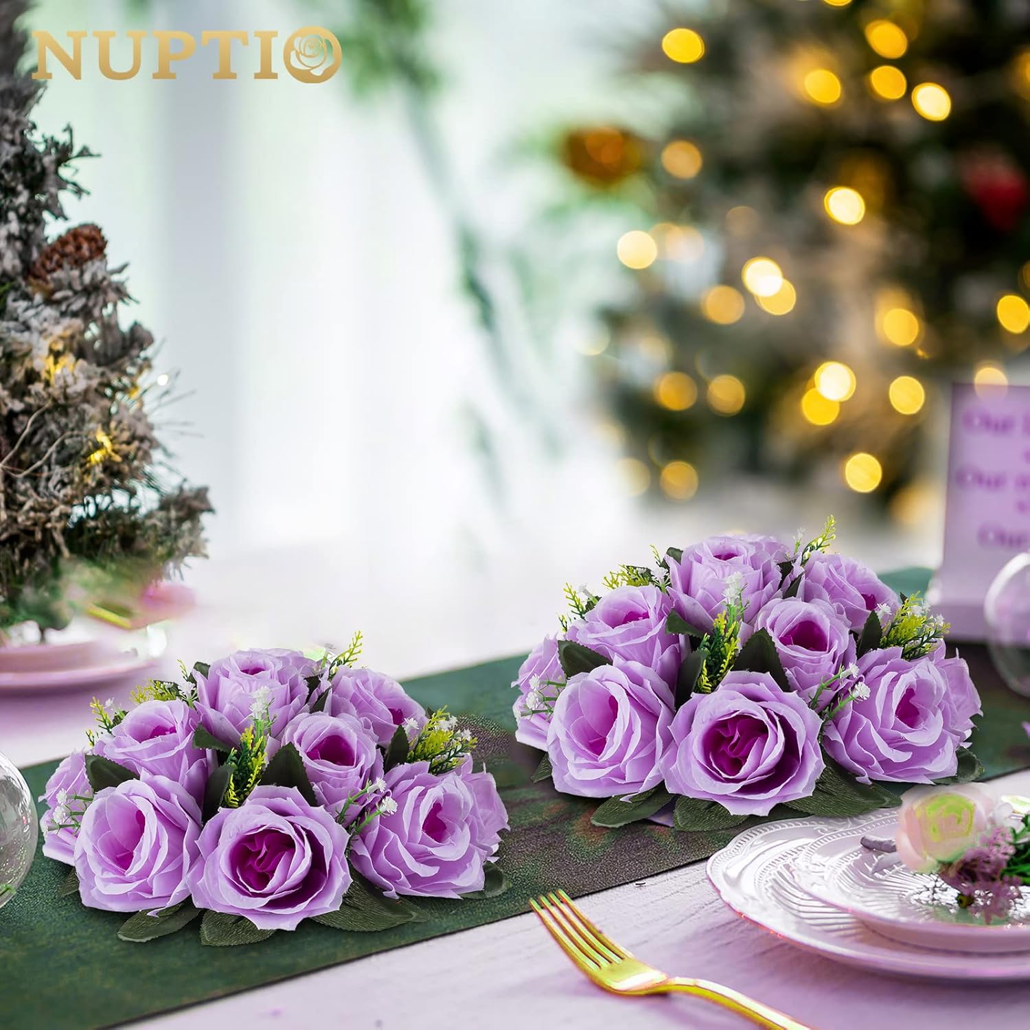 NUPTIO Artificial Flower Centrepieces for Tables - 6 Pcs Lilac Fake Flowers Roses Balls 9.5in Diameter - Silk Faux Rose Arrangement for Wedding Party Centerpiece Table Decor - Image 3