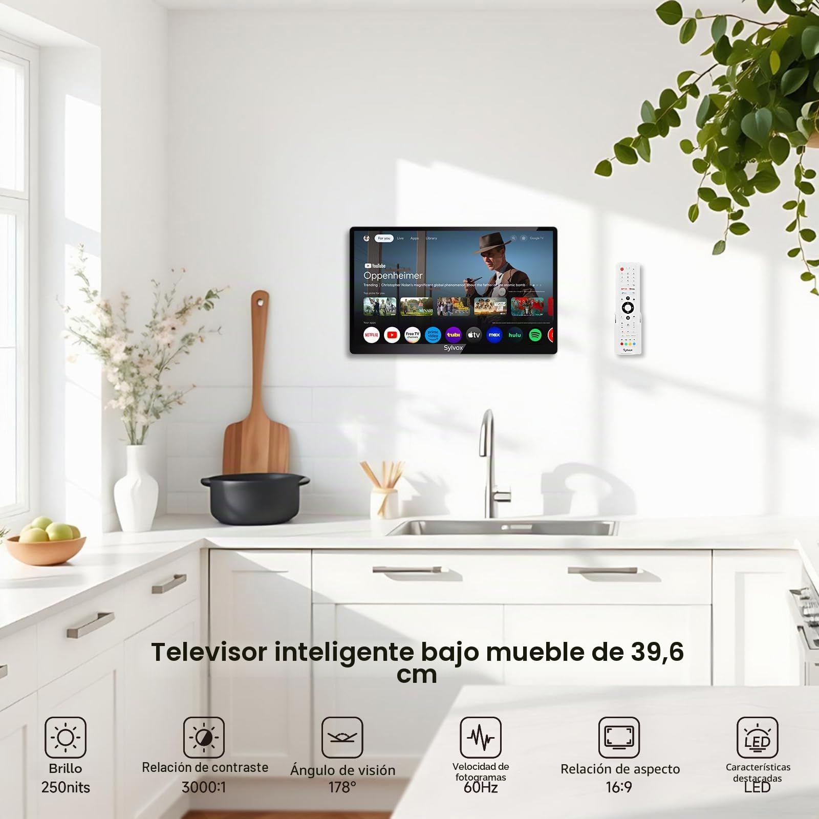 SYLVOX Televisor de Cocina, Mini Smart TV de 15.6 Pulgadas, 1080P Full HD Bajo Armario con Google TV y Sintonizador DVB-C/T2/S2, Televisor Compacto de 12V para Cocina, Habitación Infantil y Lavandería